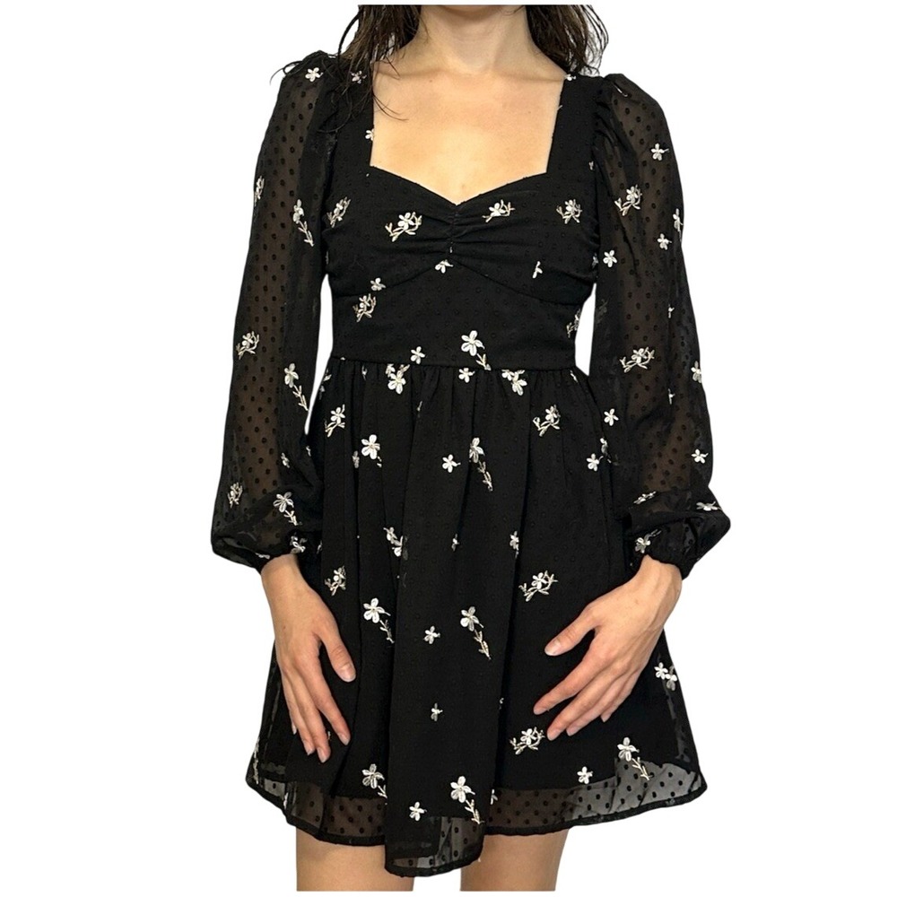 Lichi Mini Dress Floral Swiss Dot Embroidery‎ XS Black Cottagecore Long Sleeve